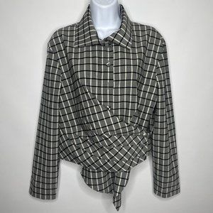 Tory Burch Black Ivory Plaid Asymmetric Wool Blend Wrap Shirt